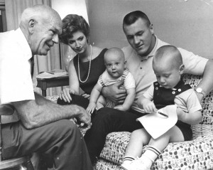 Bramlett family during St. Louis Cardinals contract signing. Cardinal scout Buddy Lewis on left (1963).